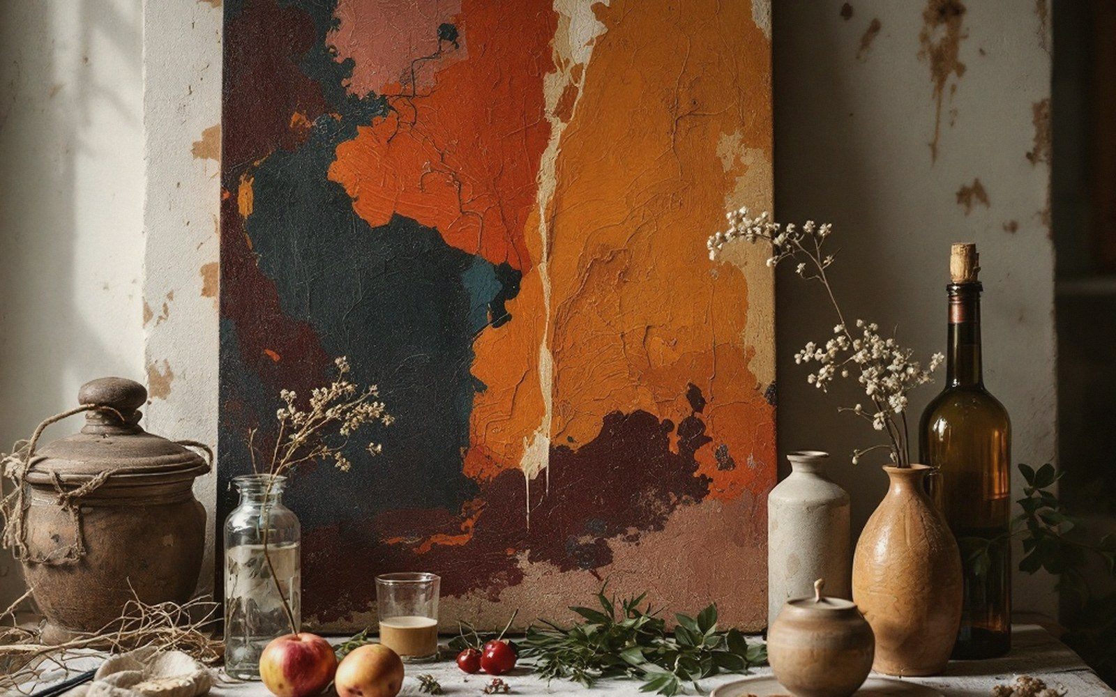 Abstract orange and dark blue painting propped against a wall amid rustic vases and dried flowers
