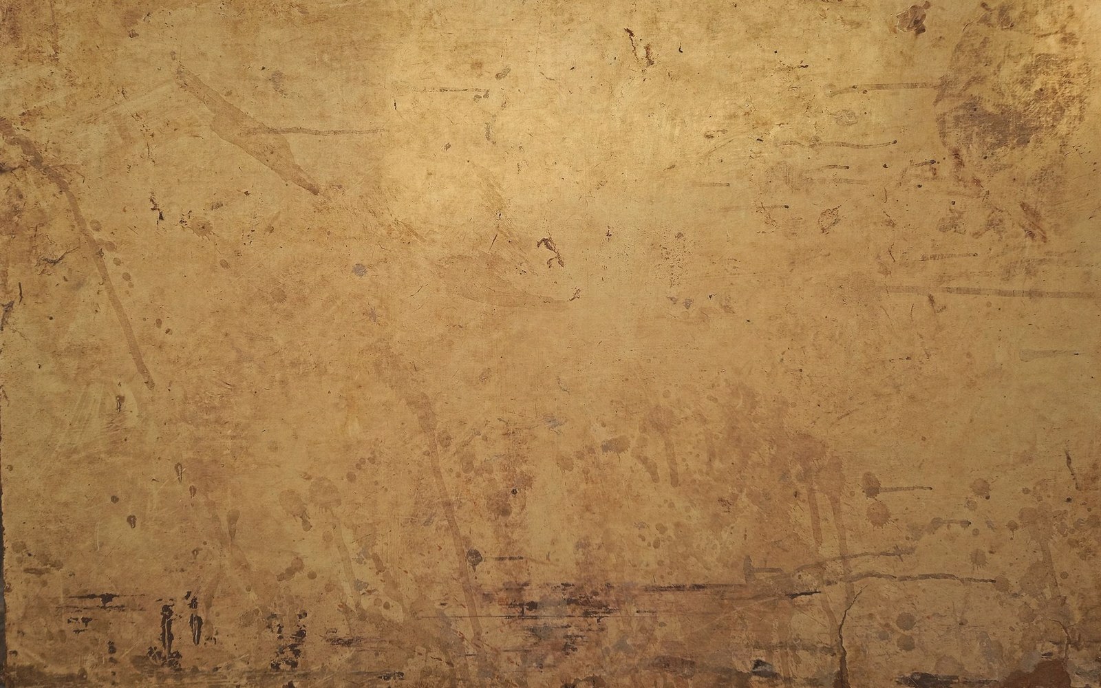 Aged canvas surface covered in blotchy stains, scratches and faded discoloration