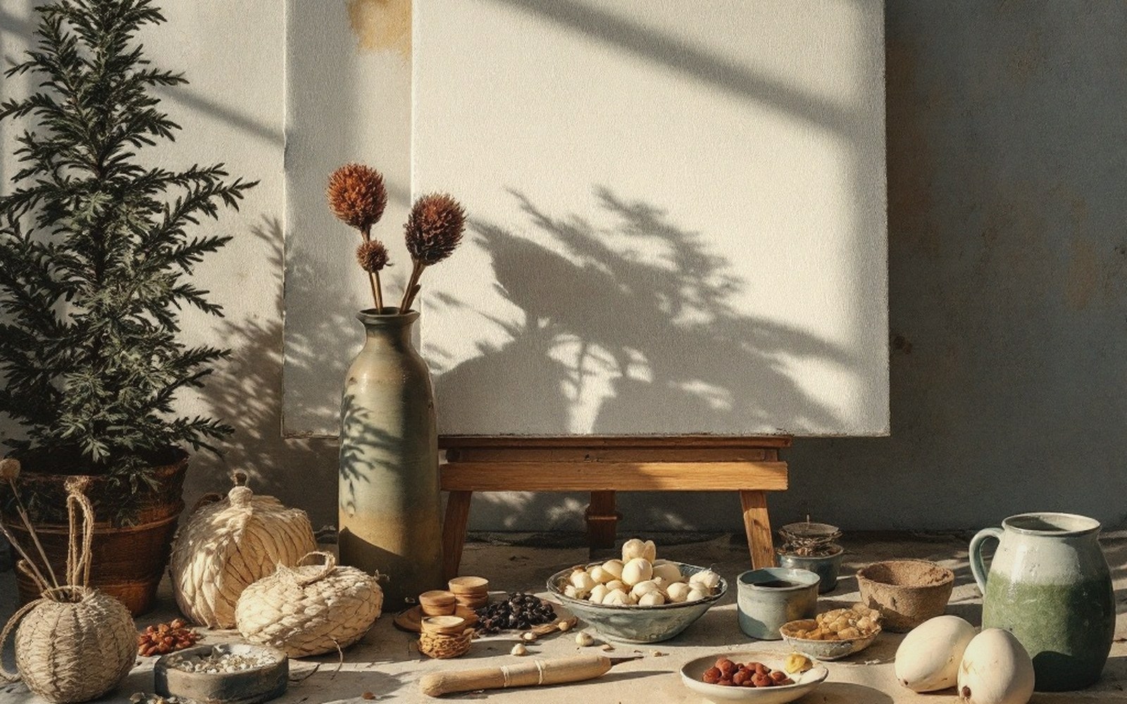 Blank canvas on a wooden easel beside a ceramic vase and bowls of nuts and eggs