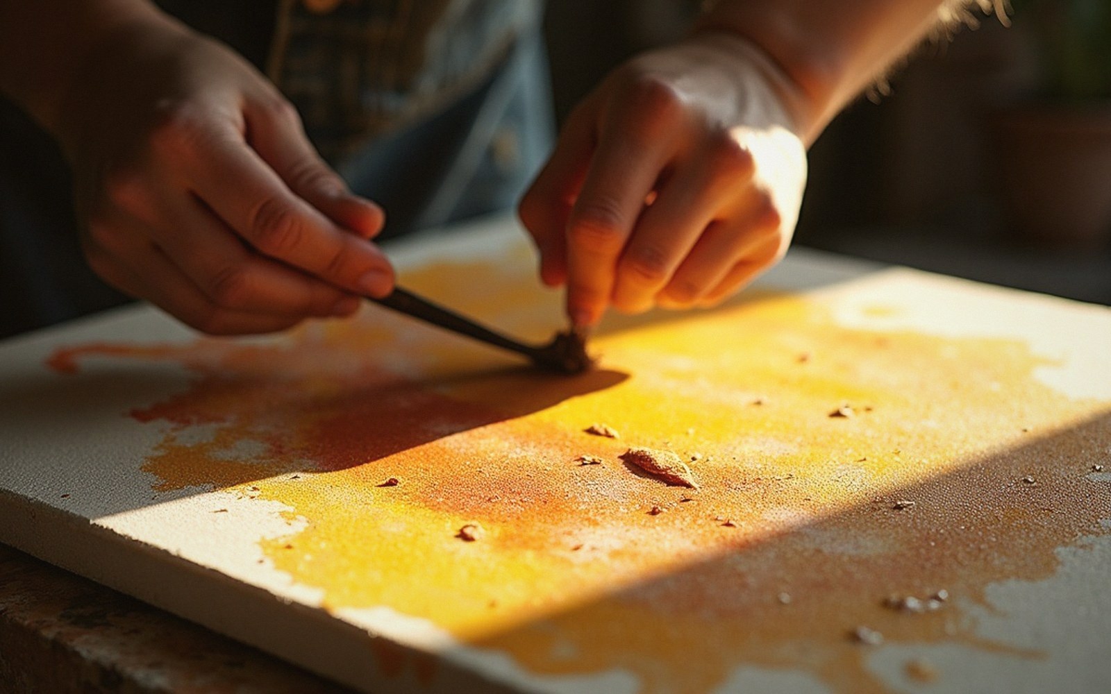 Raking side-light across a thickly painted canvas surface, impasto ridges casting fine shadows, warm amber light source from the left