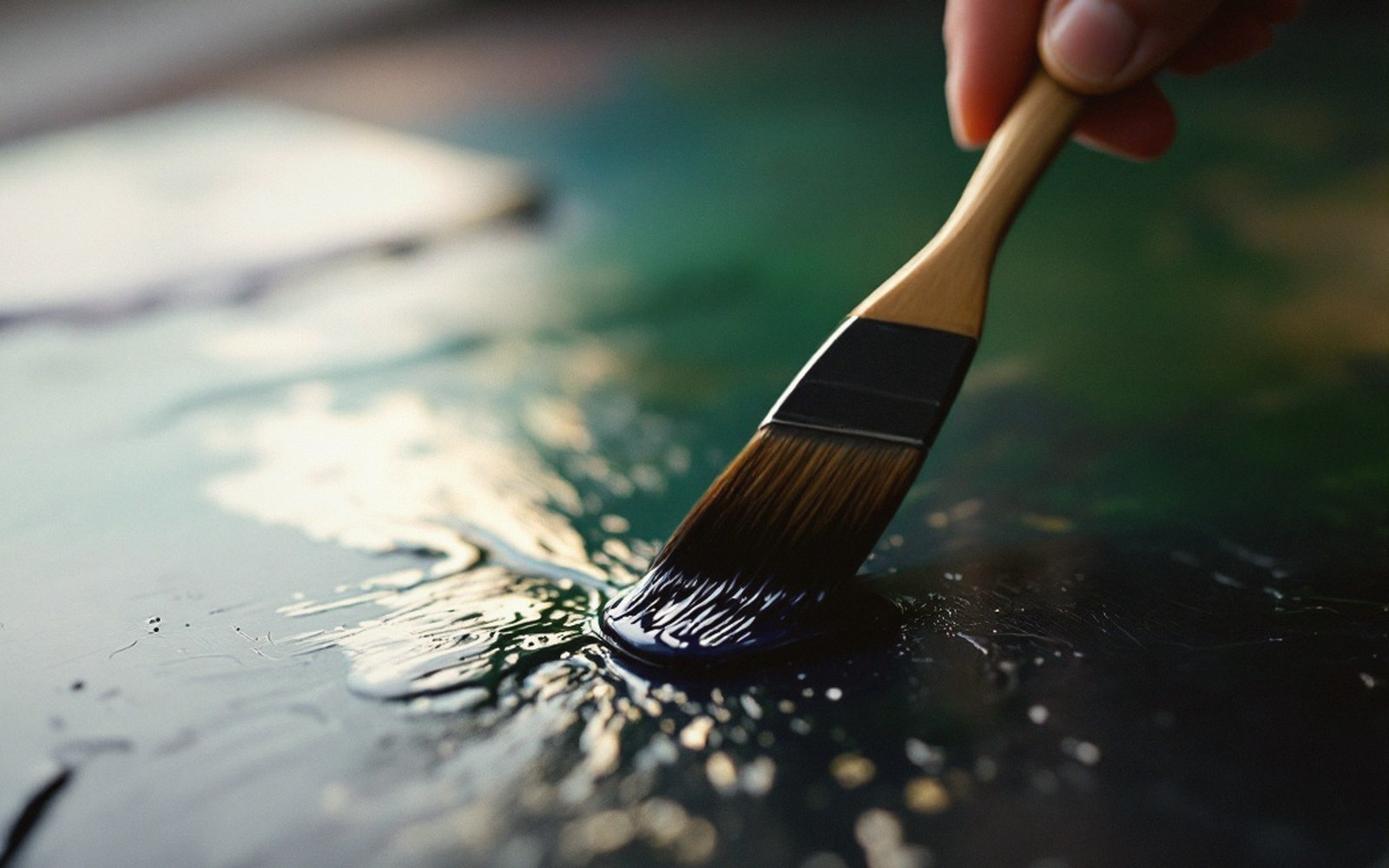 Varnished painting surface at an oblique angle, a single light source catching the sheen across the paint film
